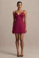 Elara | Burgundy Satin Plunge-Neck Mini Dress