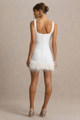 Rosalinda | White Sequin Square-Neck Mini Dress With Feather Trim
