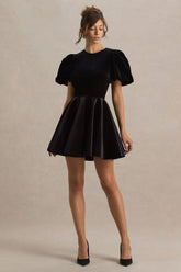 Priya | Black Velvet Mini Dress With Puff Sleeves