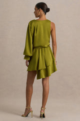 Cara | Olive Satin Plunge-Neck Micro-Mini Dress With Long Sleeve