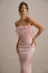 Dress For It | Pale Pink Satin Feather Trim Bandeau Maxi Dress