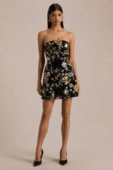 Valeri | Black Velvet Bandeau Mini Dress With Bronze Floral Sequin Embellishment