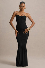 Talisa | Black Bandeau Ruched Maxi Dress With Mesh Fishtail