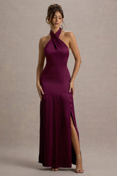 Sansa | Burgundy Satin Cross Halter-Neck Plisse Maxi Dress