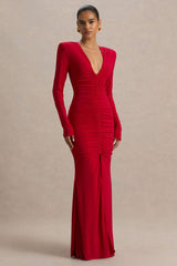 Jewel | Red Plunge-Neck Maxi Dress With Front Split and Ruched Detailing