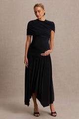 Eleni | Black Crew-Neck Maternity Maxi Dress With Cape-Sleeves And Drop Waist