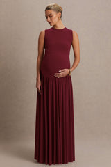 Outline | Burgundy Crew-Neck Maternity Maxi Dress With Pleated Skirt