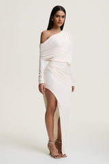 Olivia | Cream Asymmetric-Neck Maxi Dress With Ruched Detailing Asymmetric-Hem