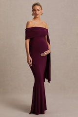 Aquila | Burgundy Bardot Maternity Maxi Dress With Draped Detail