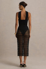 Tamala | Black High-Neck Midi Dress With Lace Skirt