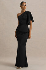 Unforgettable | Black Asymmetric-Neck Maxi Dress With Ruffled Detailing