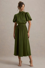 Persea | Olive Satin Puff-Sleeve Midi Dress With Bow