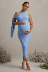 Katarine | Powder Blue Asymmetric Knot Maternity Midi Dress