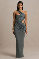 Serefine | Grey Asymmetric-Neck Maxi Dress With Body Cut-Out
