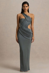 Serefine | Grey Asymmetric-Neck Maxi Dress With Body Cut-Out