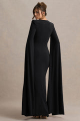 Claretta | Black Square Neck Twisted Maxi Dress With Cape Sleeves