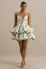 Flavia | White Botanical Print Linen Plunge-Neck Ruffled Skater Micro-Mini Dress