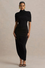 Enchant | Black Asymmetric Twisted Cape Midi Dress