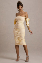 Citrus | Pale Lemon Bardot Bodycon Midi Dress With Bow Sleeves