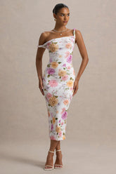 Nora | Peach And Lilac Floral Twisted Asymmetric Midi Dress