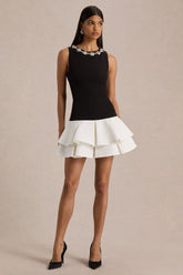 Nalani | Black And White Crew-Neck Mini Dress With Embellishment And Ruffled Detailing