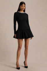 My Wish | Black Embellished Crew-Neck Mini Dress With Drop-Waist