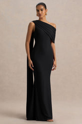 Zendaya | Black Asymmetric-Neck Fishtail Maxi Dress With Sash