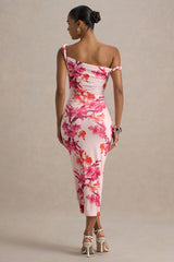 Tatian | Pink and Orange Floral Print Twisted Asymmetric Midi Dress