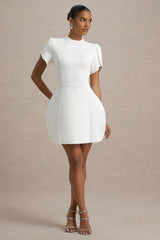 Carabella | White High-Neck Short-Sleeve Mini Dress