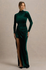 Wishes | Bottle Green Velvet High-Neck Maxi Dress With Wrap Skirt