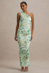 Dalarie | Green Floral Print One-Shoulder Gathered Maxi Dress