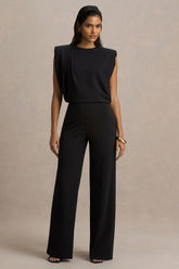 Tiff | Black Crew-Neck Jumpsuit With Draped Detailing