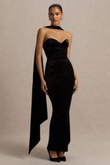 Paloma | Black Velvet Bandeau Maxi Dress With Scarf