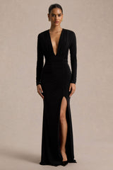 Command | Black Plunge-Neck Maxi Dress With Front-High Split