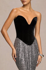 Aeris | Black Velvet And Silver Sequin Plunge-Neck Maxi Dress