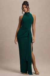 Khari | Bottle Green High-Neck Twisted Maxi Dress With Drape