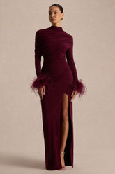 Gatsby | Burgundy High-Neck Maxi Dress With Feather Trim Cuffs