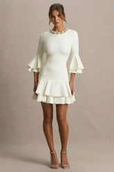 Mirna | Burgundy Crew-Neck Mini Dress With Bell Sleeves And Ruffled Detailing