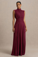 Melanina | Burgundy High-Neck Maxi Dress With Ruched Detailing