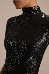 Cecy | Black Sequin High-Neck Maxi Dress With Cap Sleeves