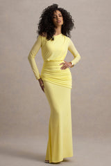 Deanna | Lemon Asymmetric Long-Sleeve Ruched Maxi Dress