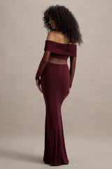 Ismeralda | Burgundy Mesh Ruched Bardot Maxi Dress