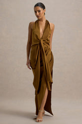 Lynette | Olive Satin Plunge-Neck Maxi Dress With Asymmetric Hem