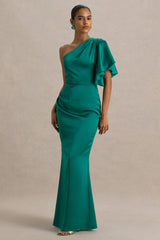 Unforgettable | Bottle Green Asymmetric-Neck Maxi Dress With Ruffled Detailing
