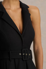 Alessa | Black Plunge-Neck Tailored Midi Dress