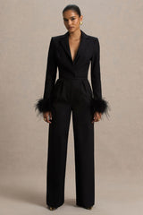 Lissy | Black Plunge-Neck Jumpsuit With Feather-Detailed Sleeves