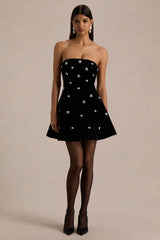 Tessa | Black Hand-Embellished Velvet Bandeau Mini Dress