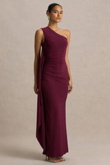 Adelina | Burgundy One-Shoulder Maxi Dress With Drape