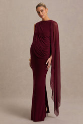 Cristina | Burgundy Slashed-Neck Maternity Maxi Dress With Cape-Sleeve