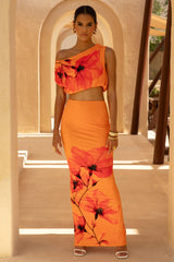 Clara | Orange And Red Placement Floral Print Maxi Skirt